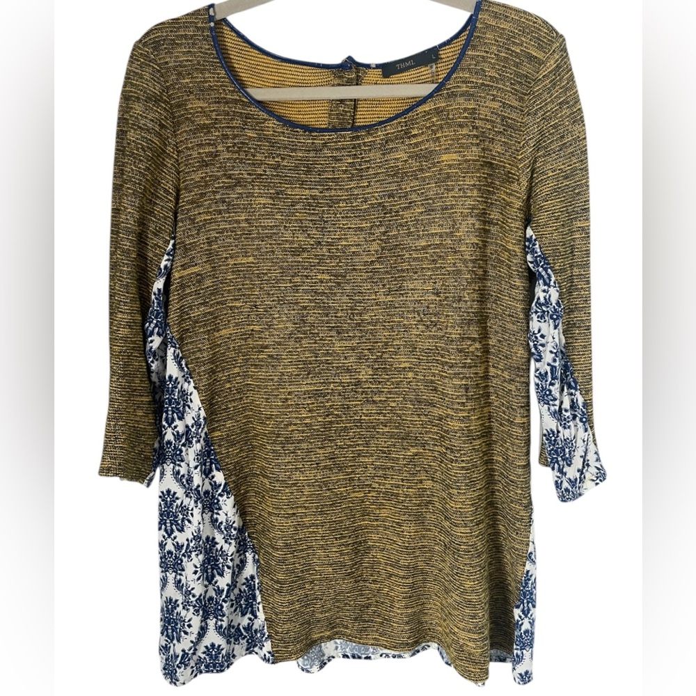 THML Gold and Floral Blue Patterned Tunic Sz L